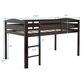 Wooden Twin Low Loft Bunk Bed with Guard Rail and Ladder (Color: Dark Brown)